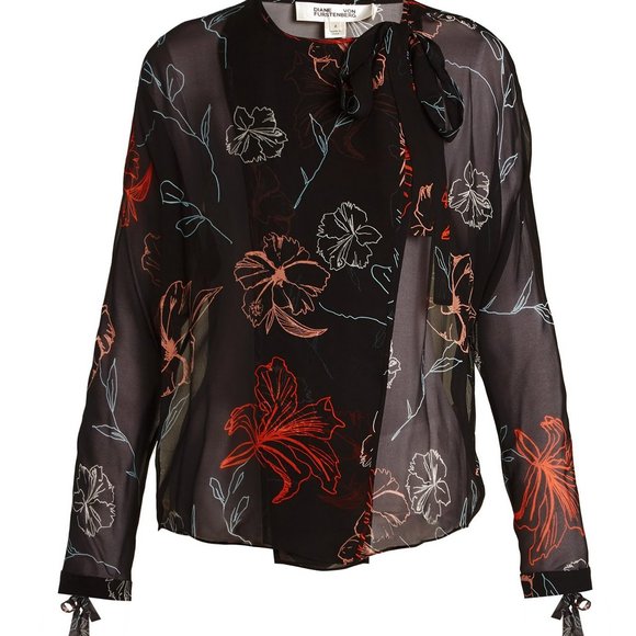Diane von Furstenberg Sheer Tie Neck Silk Blouse - Picture 4 of 11